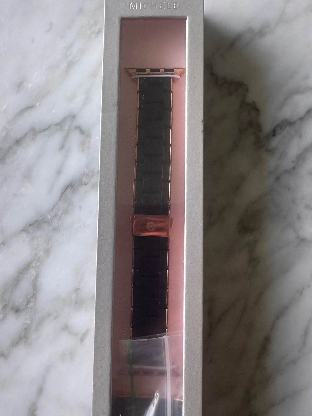 Michele Black Silicone Link Watch Band with Rose Gold Hardware